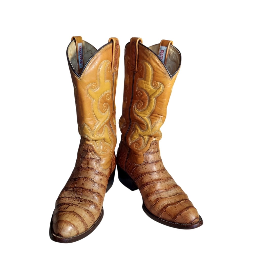 Vintage Rudel 8178 Western Cowboy Boots Cognac Reptile Embossed Snip Toe 8.5 EE - Picture 2 of 14
